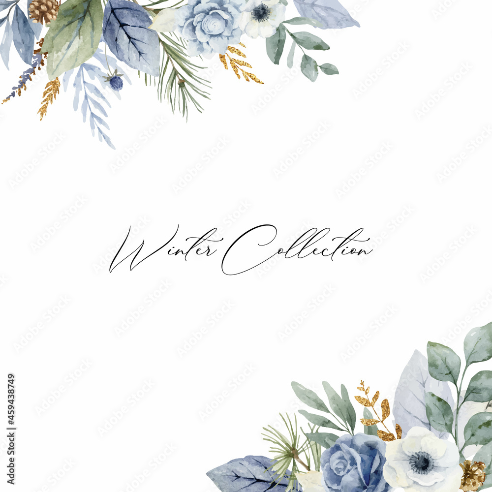 A watercolor vector winter wreath with dusty blue flowers and branches.