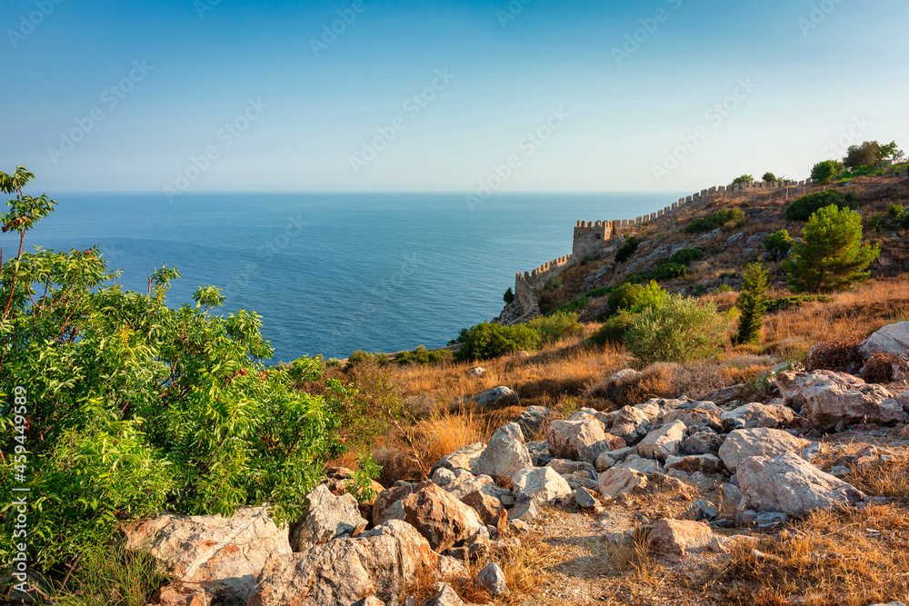 Beautiful castle on the hill in Alanya city by the Mediterranean Sea. Turkey