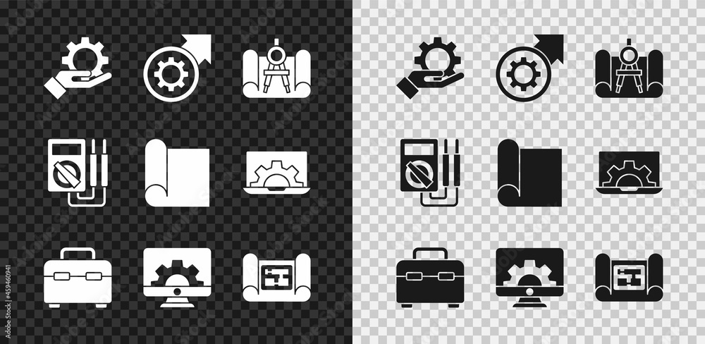 设置在手上，齿轮箭头作为工作流程，绘图纸指南针，工具箱，计算机