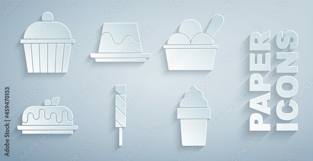 Set Candy, Ice cream in bowl, Cake, waffle cone, Pudding custard and icon. Vector