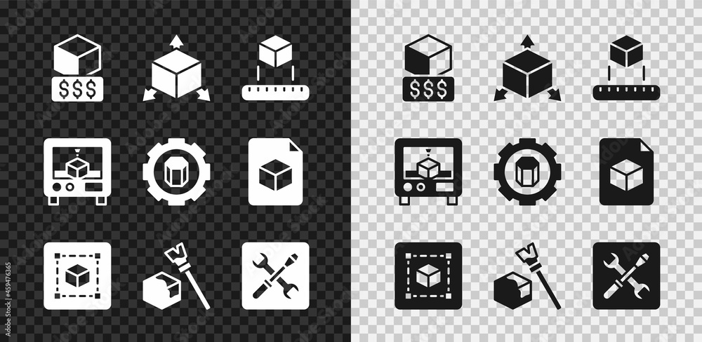 设置3D打印机服务、等轴测立方体、几何图形立方体、设置和icon.Vvector