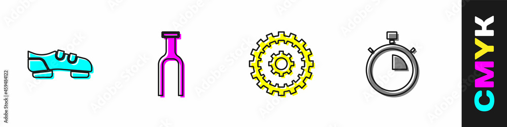 设置自行车鞋、叉子、卡带和秒表图标。矢量