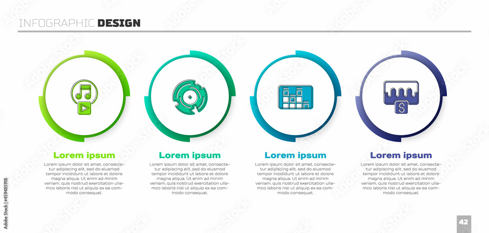 Set Play in square, Vinyl disk, Music equalizer and wave. Business infographic template. Vector