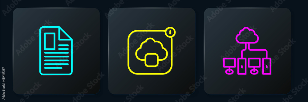 Set line File document, Computer network and Cloud technology data transfer. Black square button. Ve