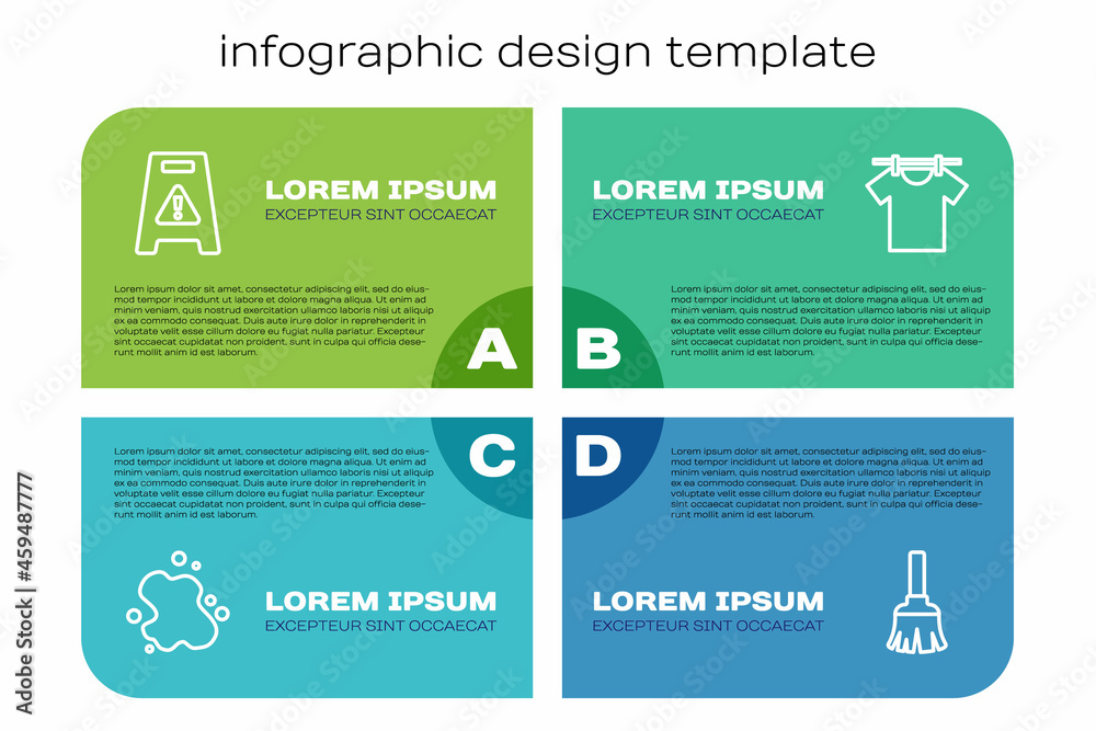 设置线溅水、湿地板、羽毛扫帚和烘干衣服。商业信息图模板。Ve