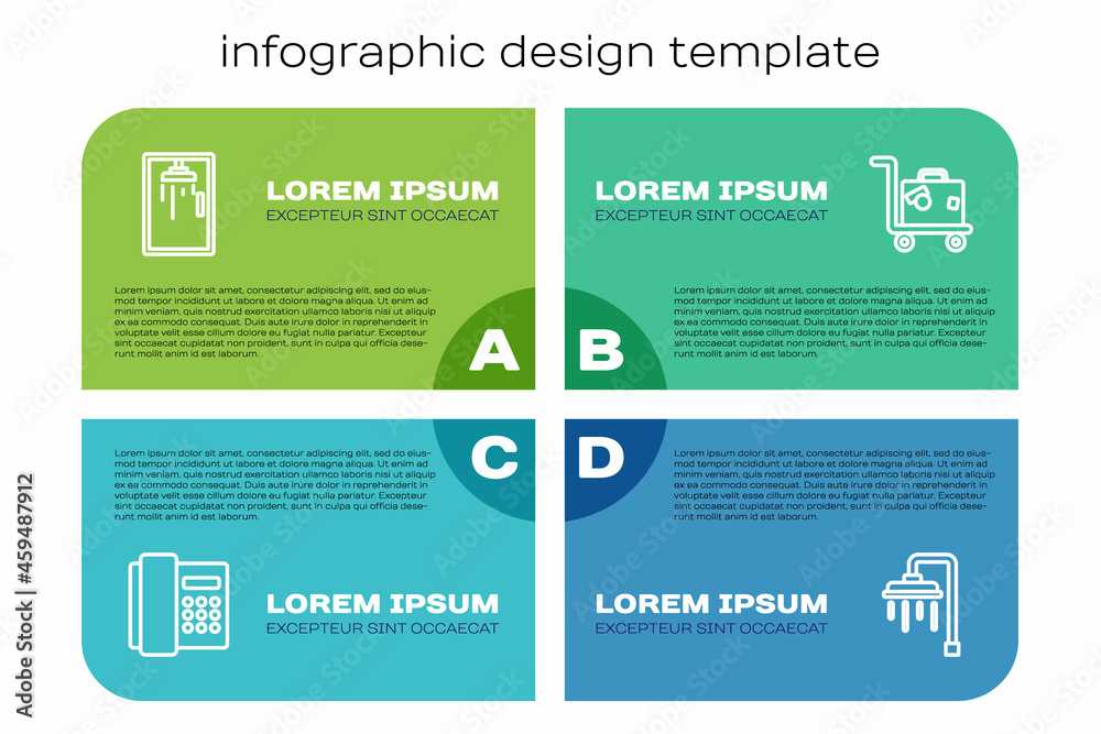 电话听筒、淋浴间和手提箱。商务信息图模板。Vector