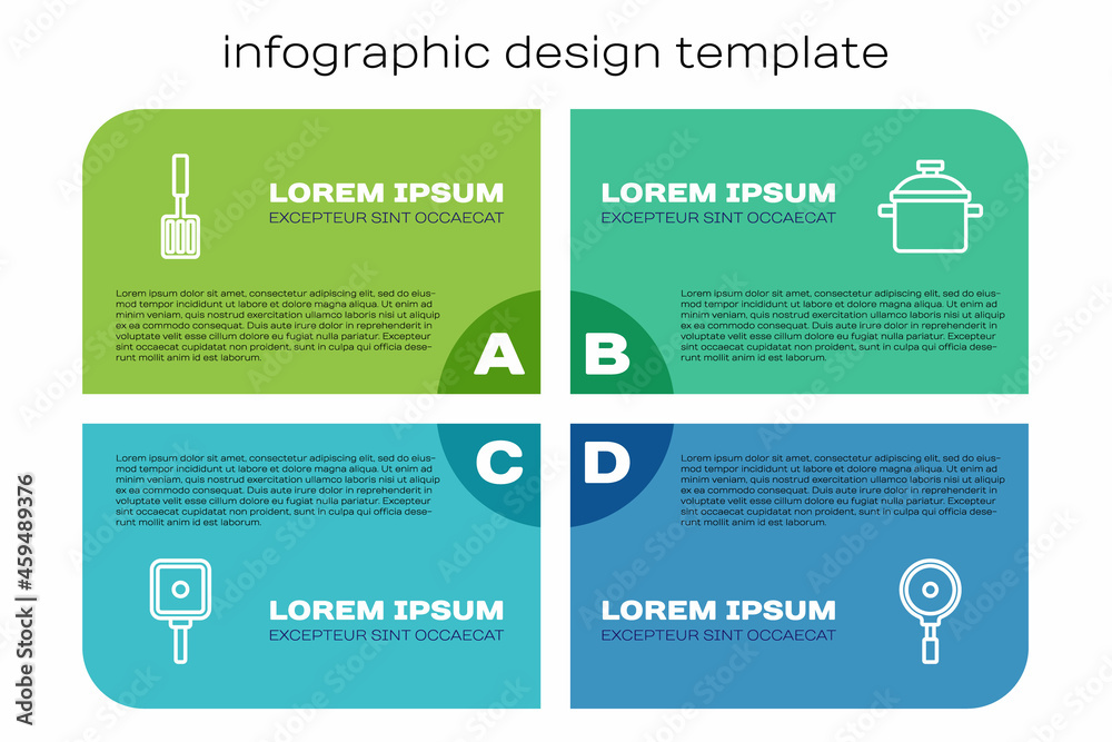 套装煎锅、烧烤抹刀和烹饪锅。商业信息图模板。矢量