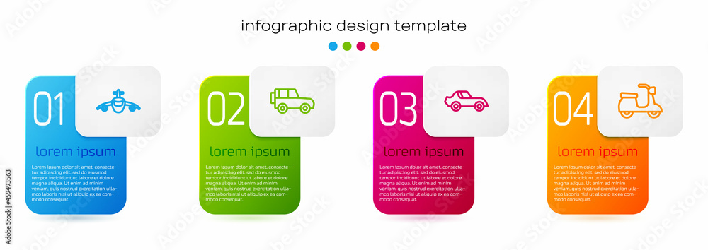 Set line Plane，Off-road car，car and Scooter。Business infographic template.Vvector（设置线路平面，越野车，汽车和滑板车。