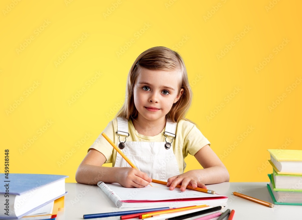 Back to school. Happy little pupil at the desk. Child doing homework