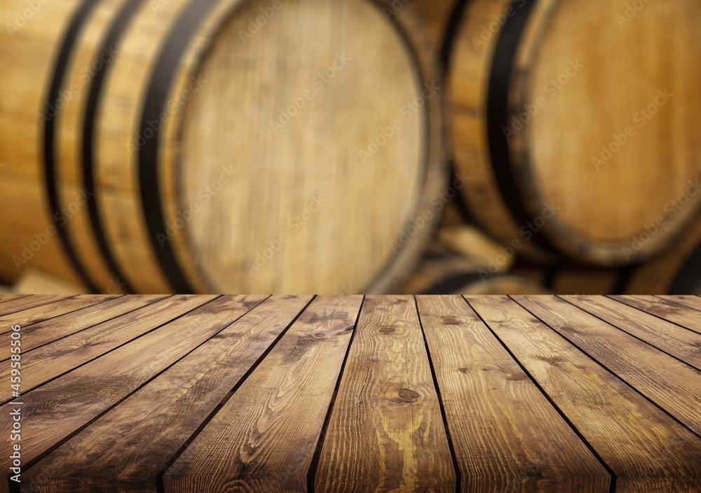 Set of empty wood tabletop blurred wine barrel cellar