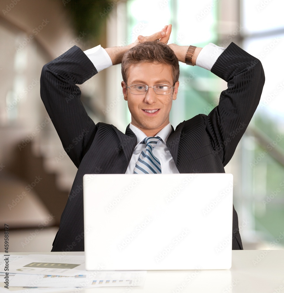 Company executive, owner in formal suit standing at work desk, meeting, interview, negotiation.