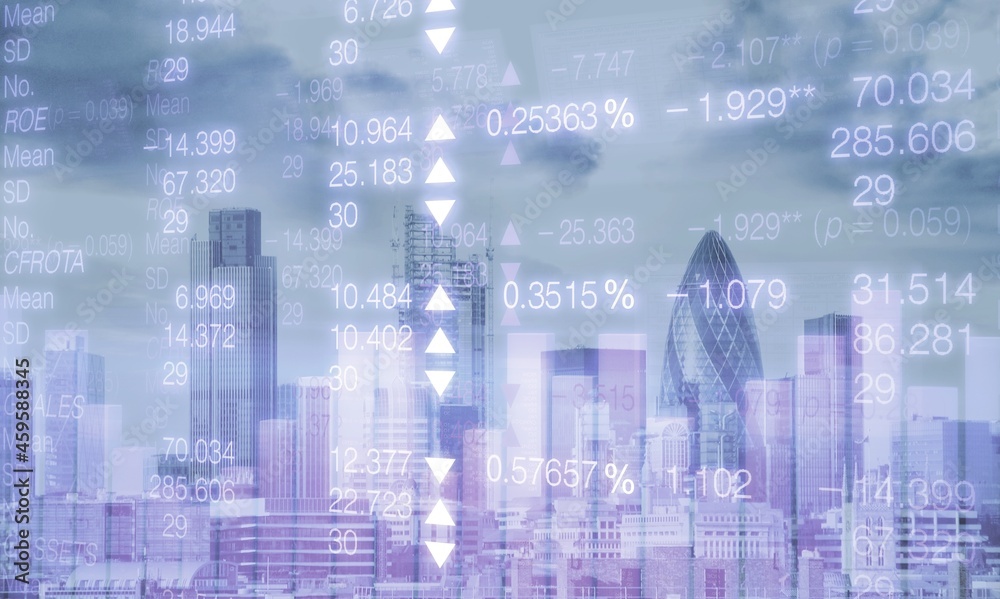 graph index stock market and indicator on business city background.  finance and investment concept.