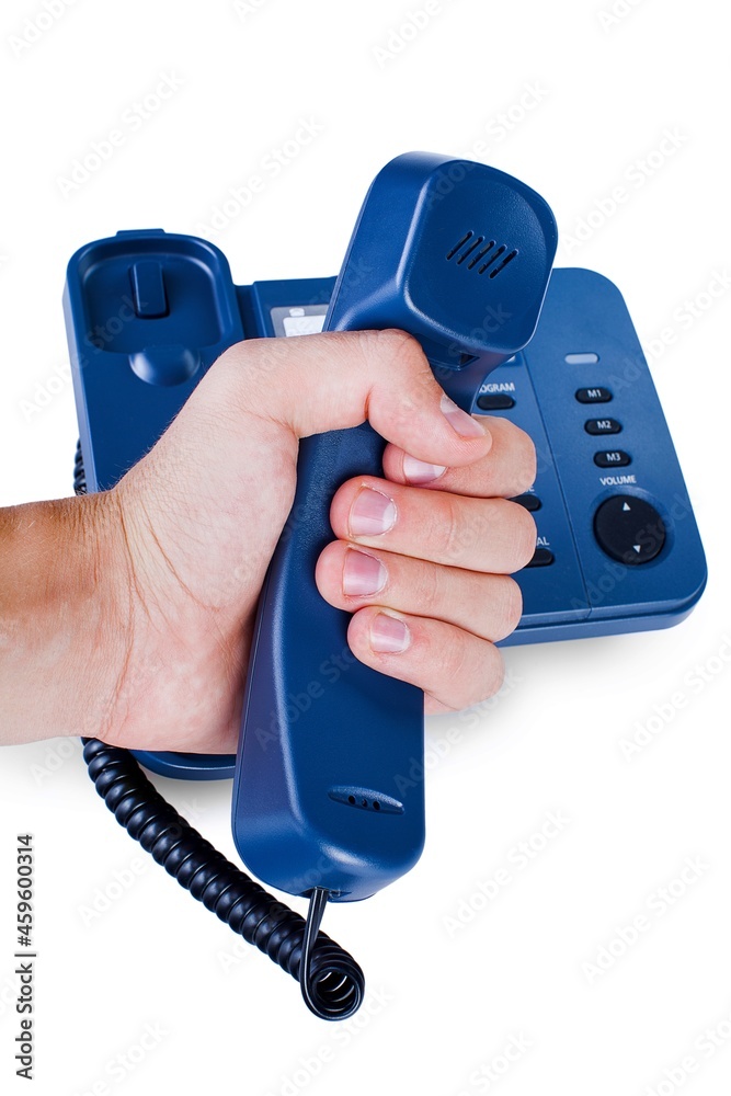 Hand holding blue office phone