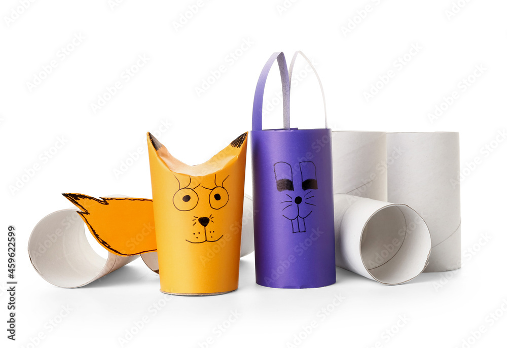 Fox and rabbit made of cardboard and tube for toilet paper on white background