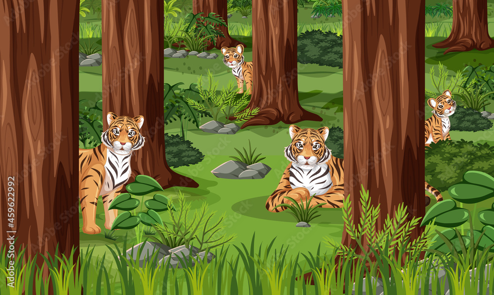 Tiger family in forest landscape background