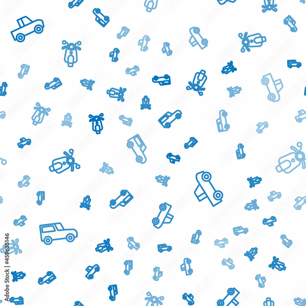 Set line Car, Pickup truck and Scooter on seamless pattern. Vector