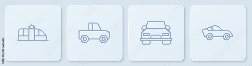 设置线路有轨电车和铁路，汽车，皮卡和。白色方形按钮。矢量