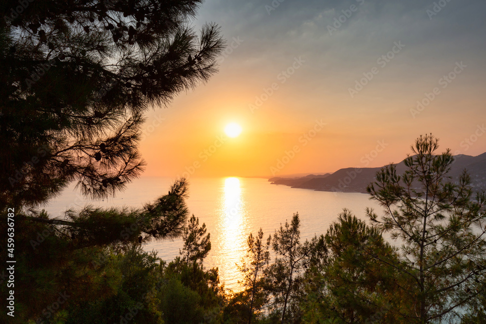 Beautiful sunset at the Alanya castle by the Mediterranean Sea. Turkey