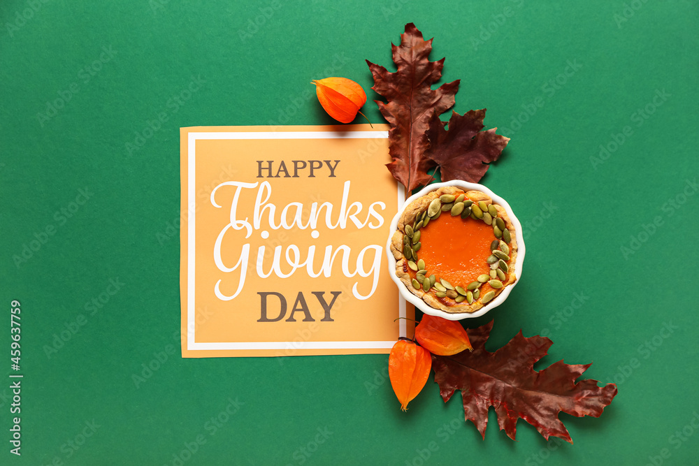 Tasty pumpkin pie, physalis and text HAPPY THANKSGIVING DAY on color background