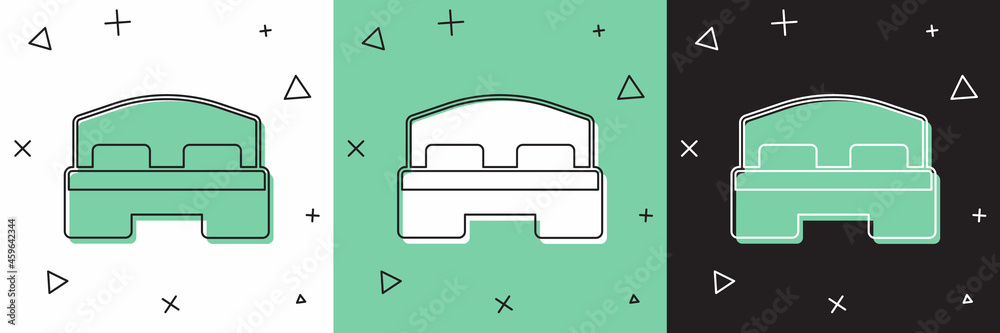 将酒店房间的床图标隔离在白色和绿色、黑色背景上。矢量