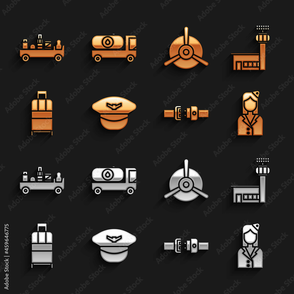 将飞行员帽、机场控制塔、乘务员、安全带、手提箱、飞机螺旋桨、行李设置为