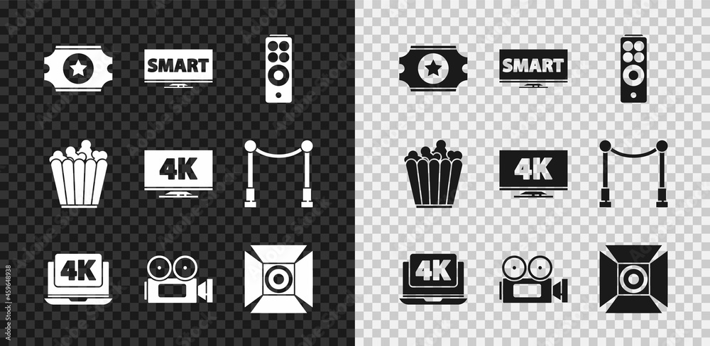 设置电影票，带智能视频的屏幕电视，遥控器，笔记本电脑4k，相机，电影聚光灯，P
