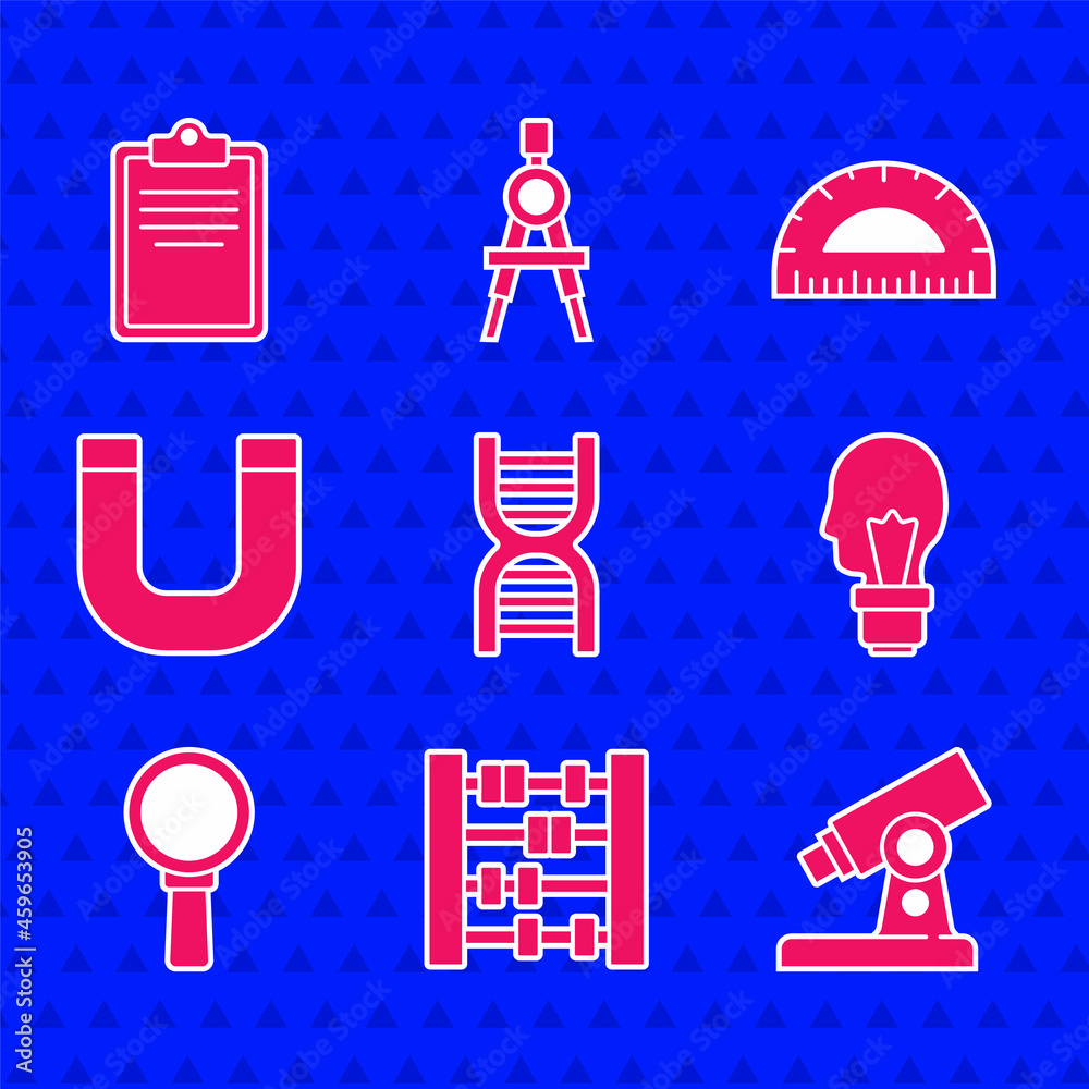 Set DNA symbol, Abacus, Microscope, Light bulb with concept of idea, Magnifying glass, Magnet, Protr