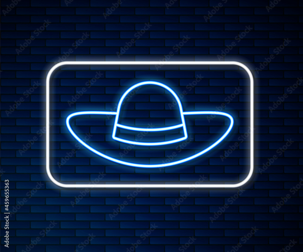 Glowing neon line Elegant women hat icon isolated on brick wall background. Vector