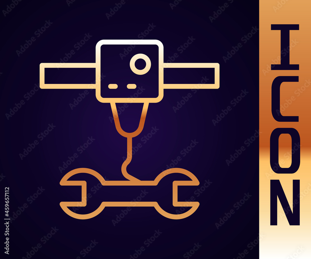 Gold line 3D printer wrench spanner icon isolated on black background. 3d printing. Vector