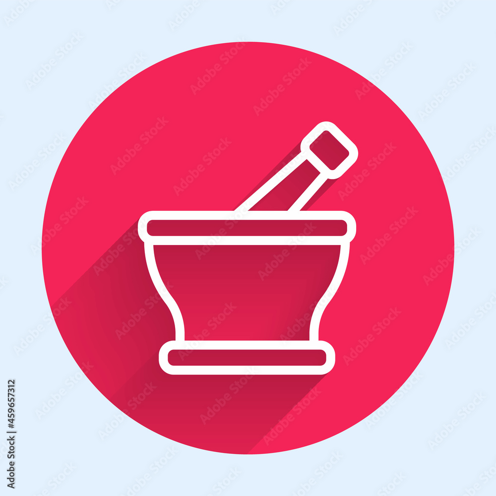 White line Mortar and pestle icon isolated with long shadow. Red circle button. Vector