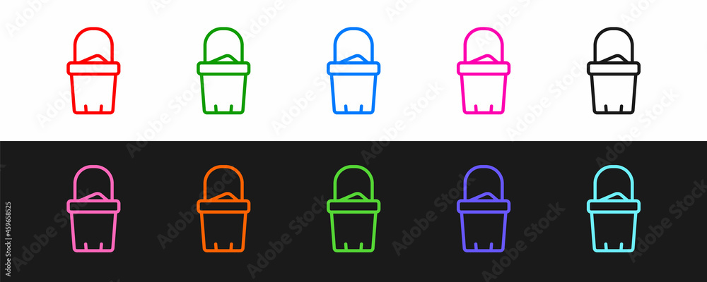 Set line Sand in bucket icon isolated on black and white background. Plastic kid toy. Summer icon. V