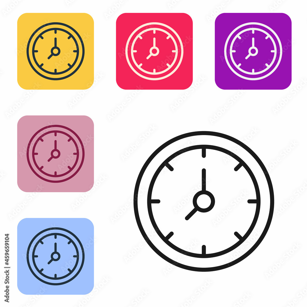 Black line Clock icon isolated on white background. Time symbol. Set icons in color square buttons. 