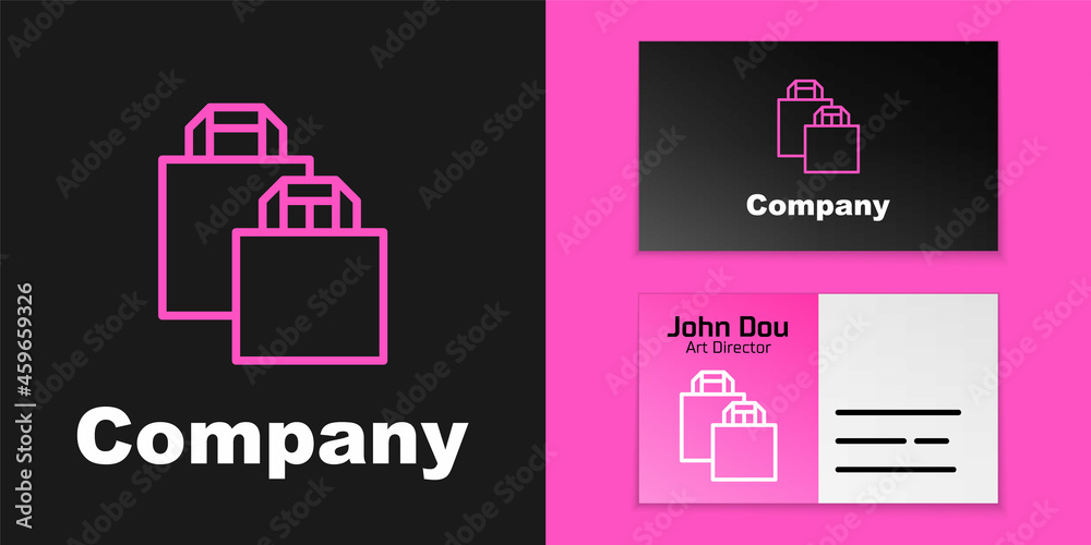 Pink line Paper shopping bag icon isolated on black background. Package sign. Logo design template e