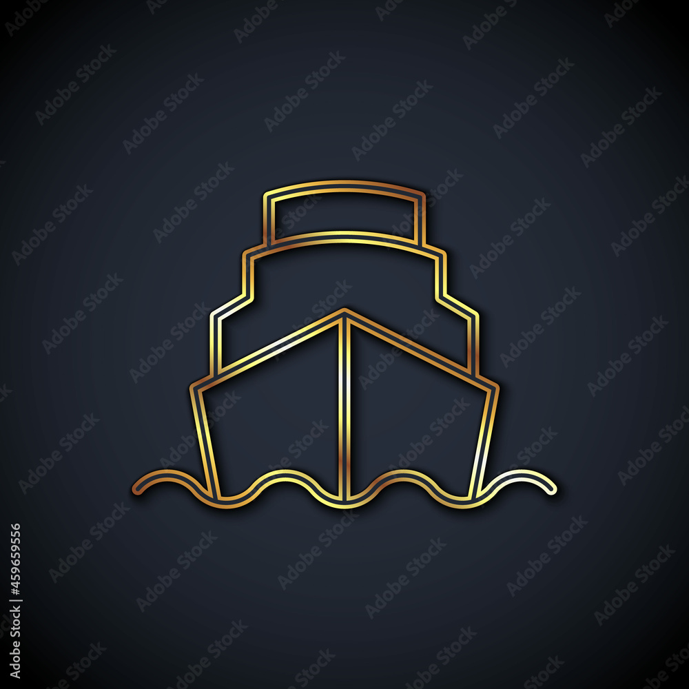 Gold line Cruise ship in ocean icon isolated on black background. Cruising the world. Vector