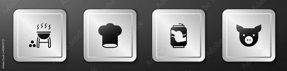 Set Barbecue grill, Chef hat, Soda can and Pig icon. Silver square button. Vector