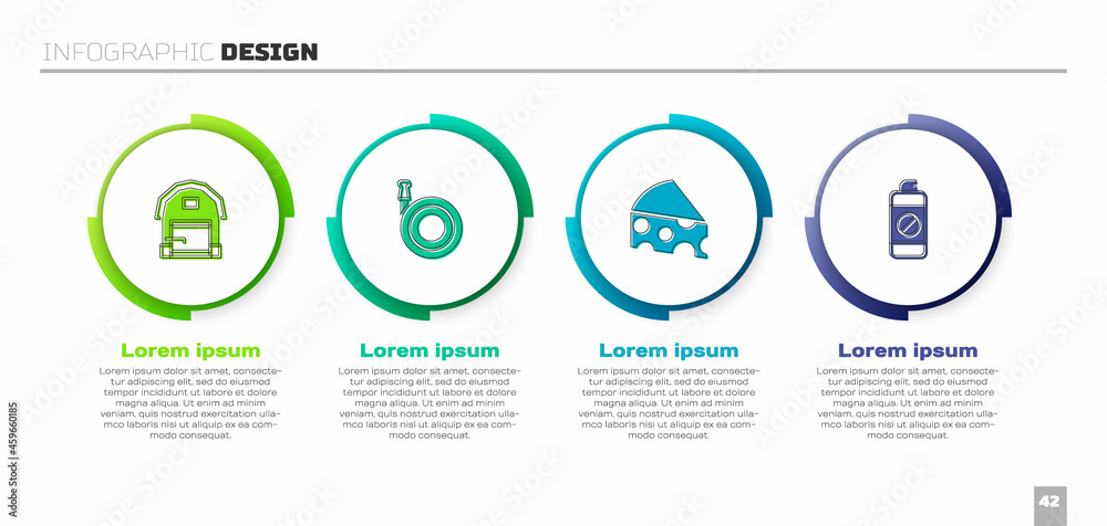 设置农场房屋、花园软管、奶酪和化肥喷雾器。商业信息图表模板。Vecto