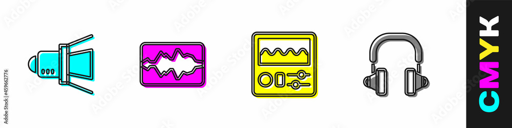 设置电影聚光灯、音乐均衡器、鼓机和耳机图标。矢量