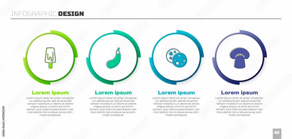 Set Ice cream, Eggplant, Cookie with chocolate and Mushroom. Business infographic template. Vector