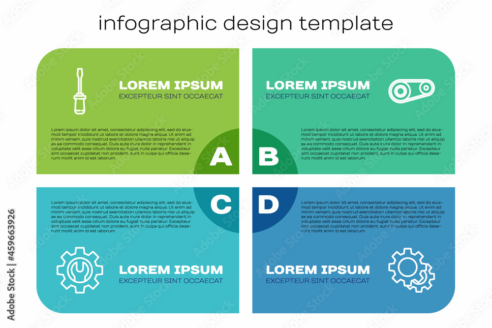 Set line Wrench spanner and gear, Screwdriver, Gear and Timing belt kit. Business infographic templa