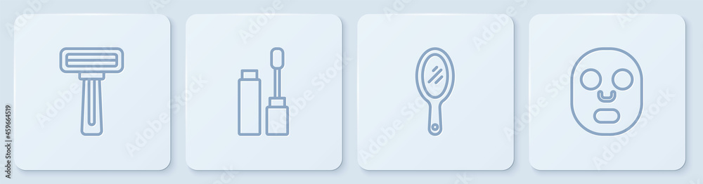 套装剃须刀、手镜、睫毛刷和面膜。白色方形按钮。Ve