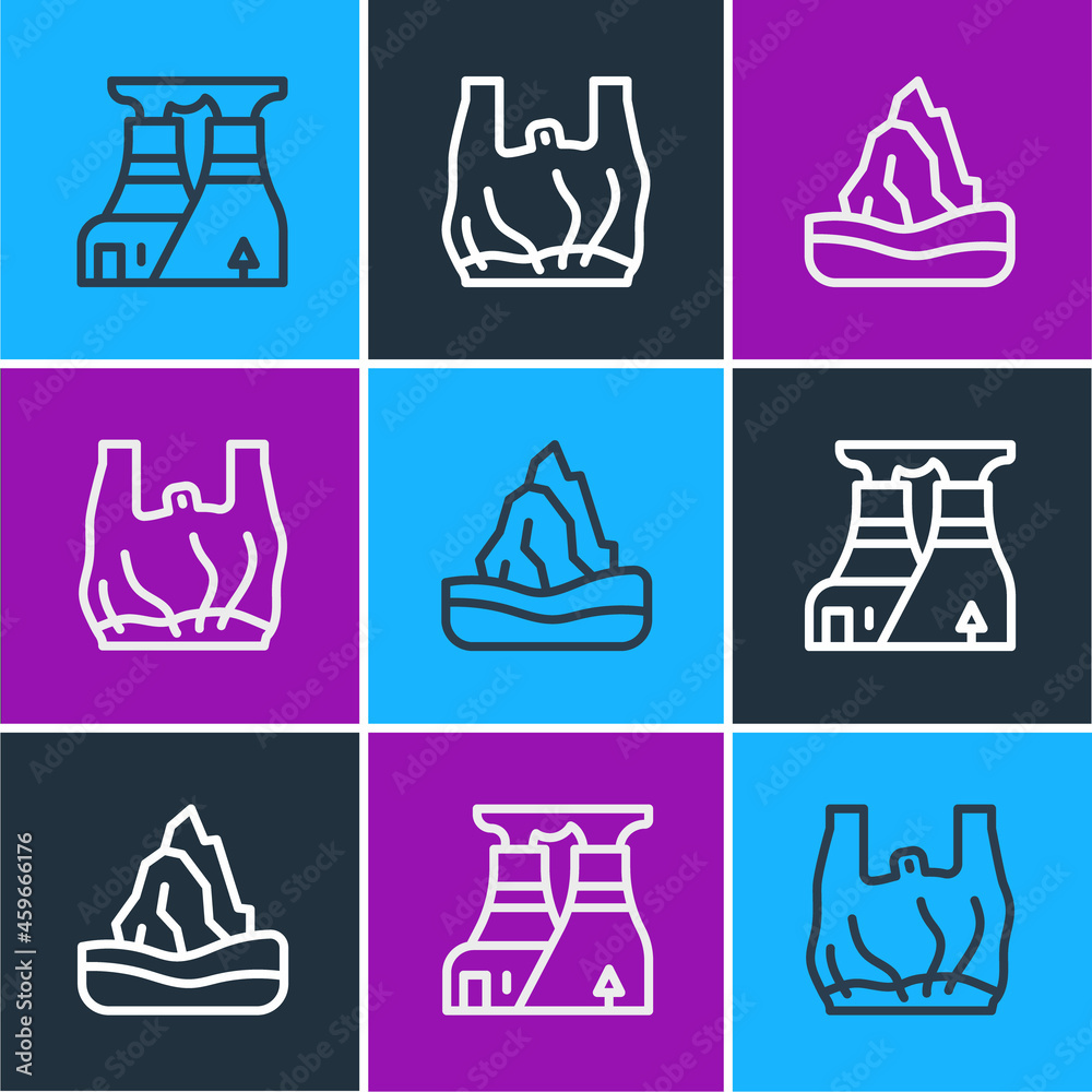 Set line Nuclear power plant, Iceberg and Say no to plastic bags poster icon. Vector