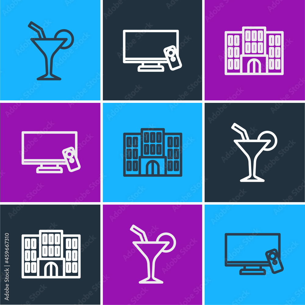 Set line Cocktail, Hotel building and Smart Tv icon. Vector