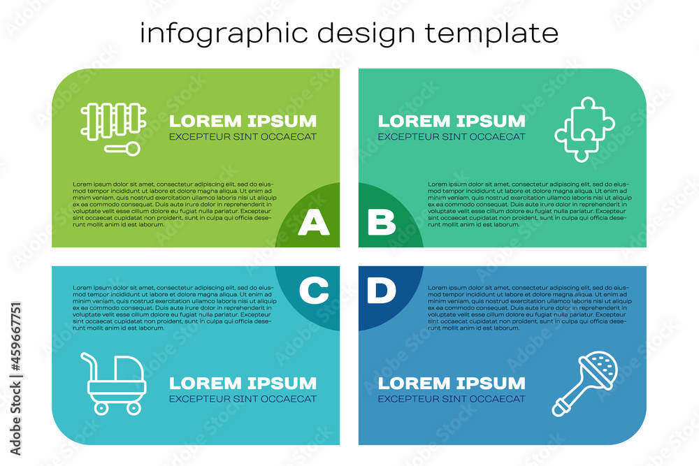 Set line Baby stroller, Xylophone, Rattle baby toy and Puzzle pieces. Business infographic template.