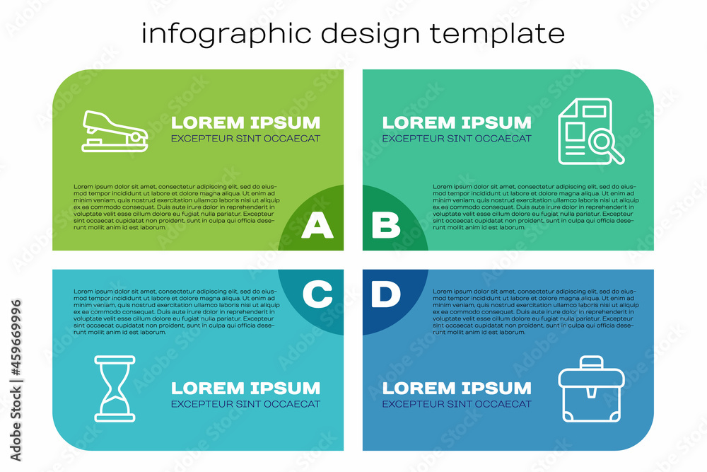 Set line Old hourglass, Stapler, Briefcase and Document with graph chart. Business infographic templ