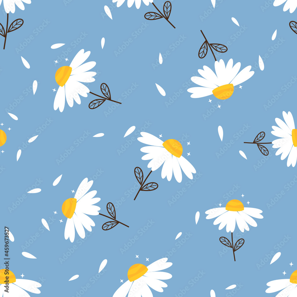 Seamless pattern with cute daisy flower and flying petals on blue background vector illustration.