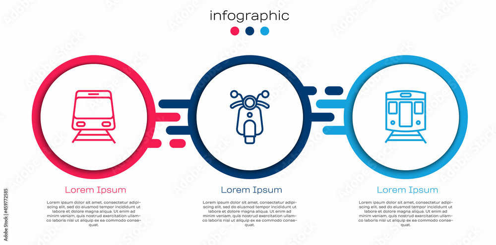 设置线路火车和铁路，滑板车和。商业信息图模板。矢量
