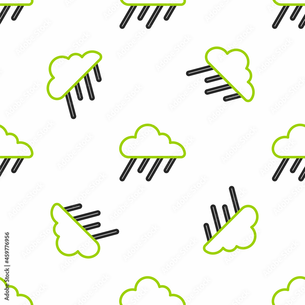 Line Cloud with rain icon isolated seamless pattern on white background. Rain cloud precipitation wi