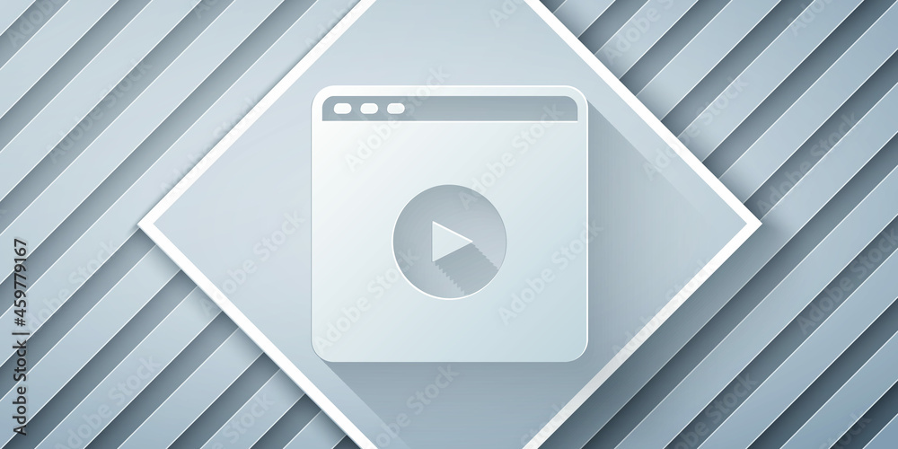 Paper cut Online play video icon isolated on grey background. Film strip with play sign. Paper art s