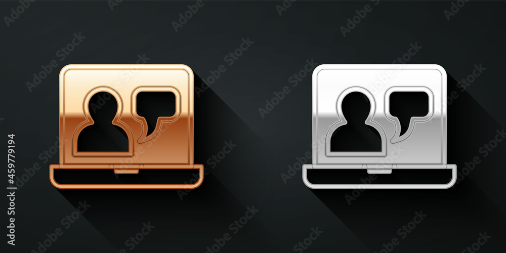 Gold and silver Online education and graduation icon isolated on black background. Online teacher on