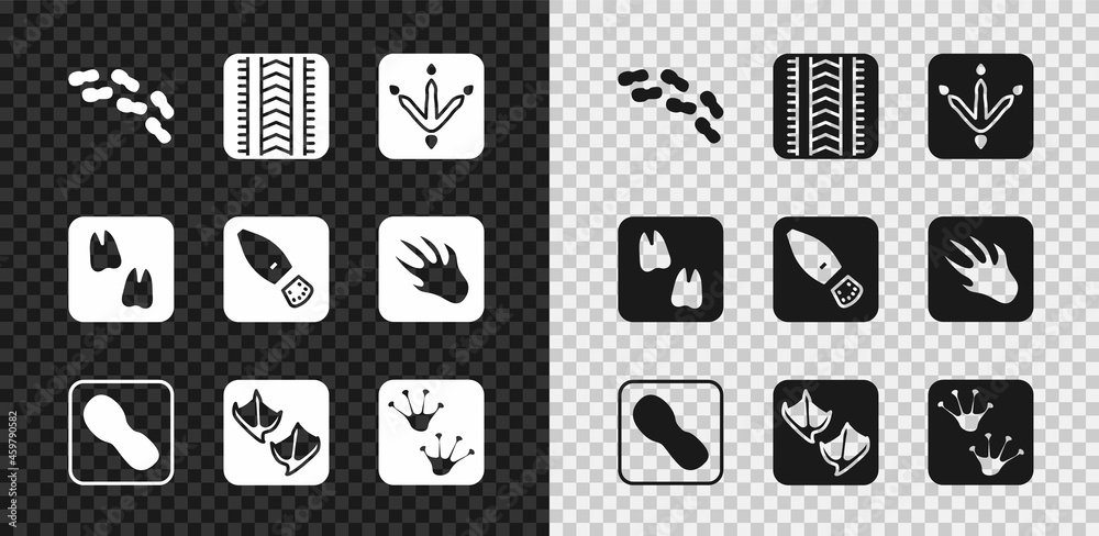 设置人类足迹鞋、轮胎跑道、鸡爪、海鸥、青蛙、骆驼和图标。矢量